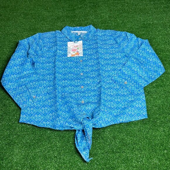 Mac Dougal  Houston Button-Up 3/4 Sleeve Tie Front Linen Blend Blue Shirt XL NEW - Picture 1 of 13
